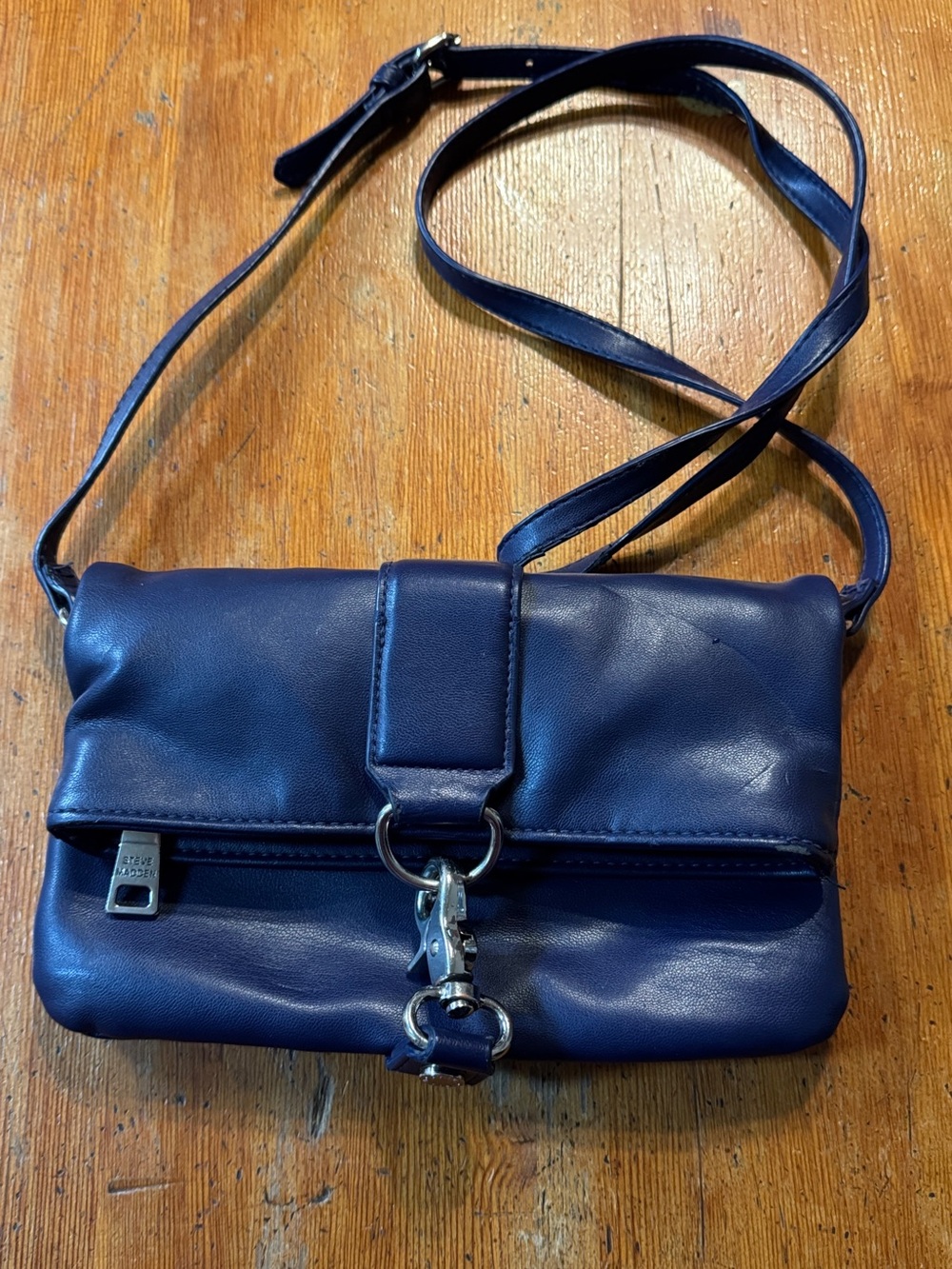 Steve Madden Navy Leather Crossbody with Silver Hardware
